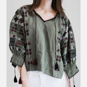Nili Lotan | Cleo | Linen Embroidered Peasant Blouse | Moss Green | Size Medium